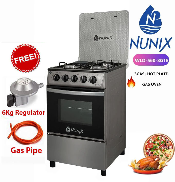 Nunix 50x55cm Free Standing Cooker, 3 Gas Burners + 1 Electric Hot Plate, Gas Oven, Auto Ignition, Energy Efficient Cooking Range+1 Year Warranty