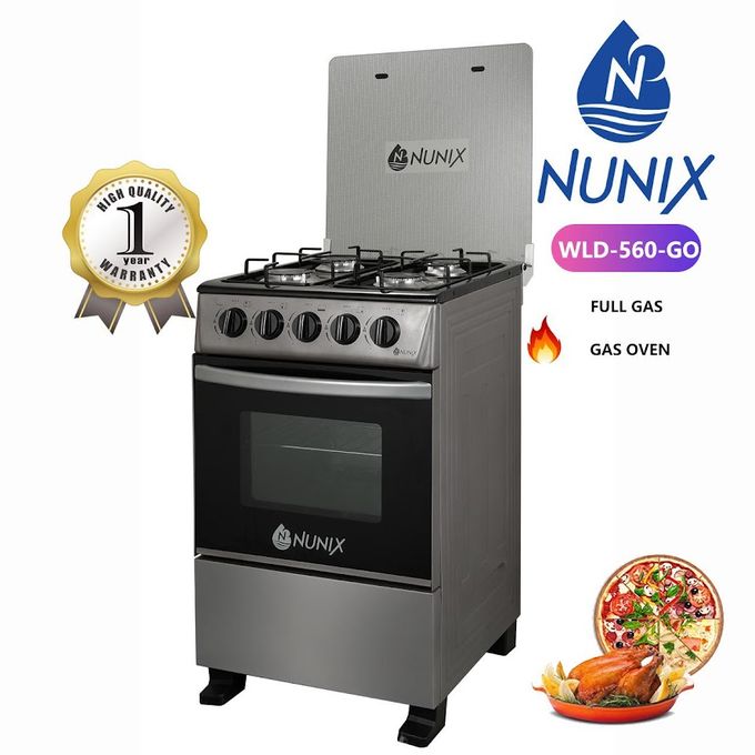 Nunix 50x55 Free Standing Gas Cooker, 4 Gas Jet Burners, Large Capacity Gas Oven, Energy Saving, Auto Ignition+FREE 6KG REGULATOR+GAS PIPE
