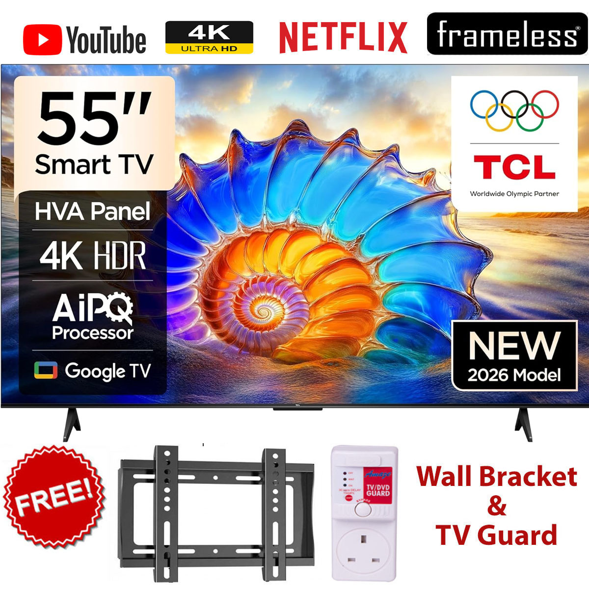 TCL 55V6D 55 Inch Smart Android Google TV, 4K UHD,HDR10+, Dolby Vision,DTS Virtual:X, Dolby Atmos,MEMC Motion Processing,Game Accelerator, Built-in WiFi, Bluetooth Connectivity, 2026 Model+FREE GIFTS