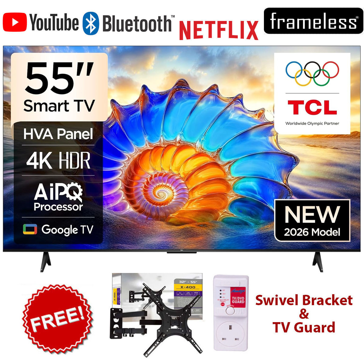 TCL 55V6D 55 Inch Google TV Smart Television, 4K Ultra HD Resolution, HDR10+, Dolby Vision, Dolby Atmos Audio, DTS Virtual:X, MEMCBluetooth, Voice Control, Game Master Mode+FREE 360 BRACKET+TV GUARD