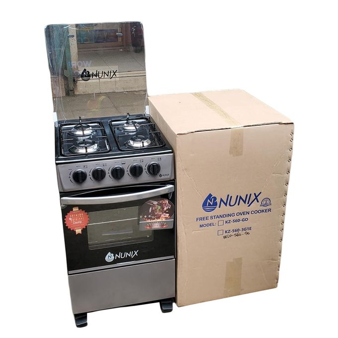 Nunix 50x55 Free Standing Gas Cooker, 4 Gas Jet Burners, Large Capacity Gas Oven, Energy Saving, Auto Ignition+FREE 6KG REGULATOR+GAS PIPE