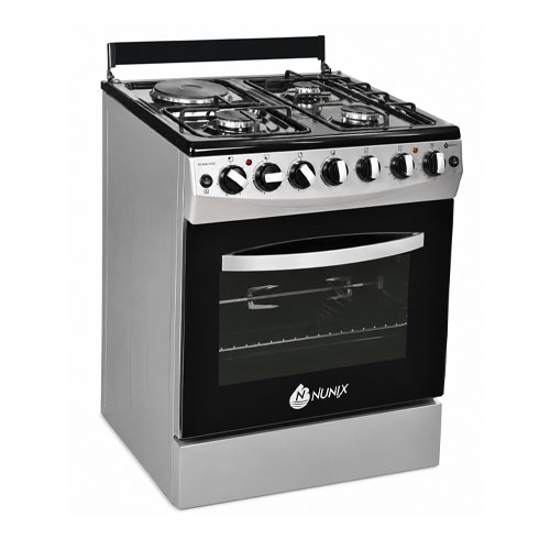 Nunix KZ665-3G1E 60x65 Free Standing Gas Cooker, 3 Gas Burners + 1 Electric Hot Plate, Electric Oven, Tempered Glass Lid, Auto Ignition+FREE 6KG REGULATOR+GAS PIPE