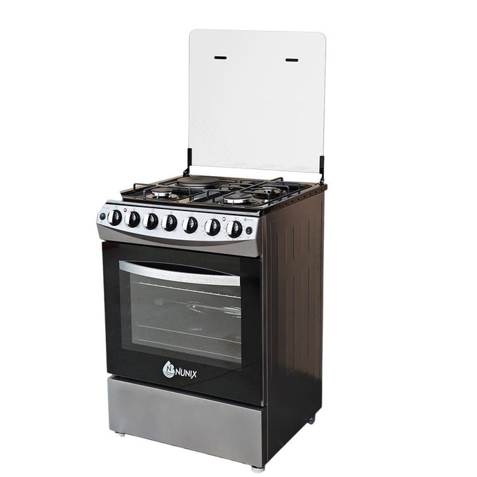Nunix KZ665-3G1E 60x65 Free Standing Gas Cooker, 3 Gas Burners + 1 Electric Hot Plate, Electric Oven, Tempered Glass Lid, Auto Ignition+FREE 6KG REGULATOR+GAS PIPE
