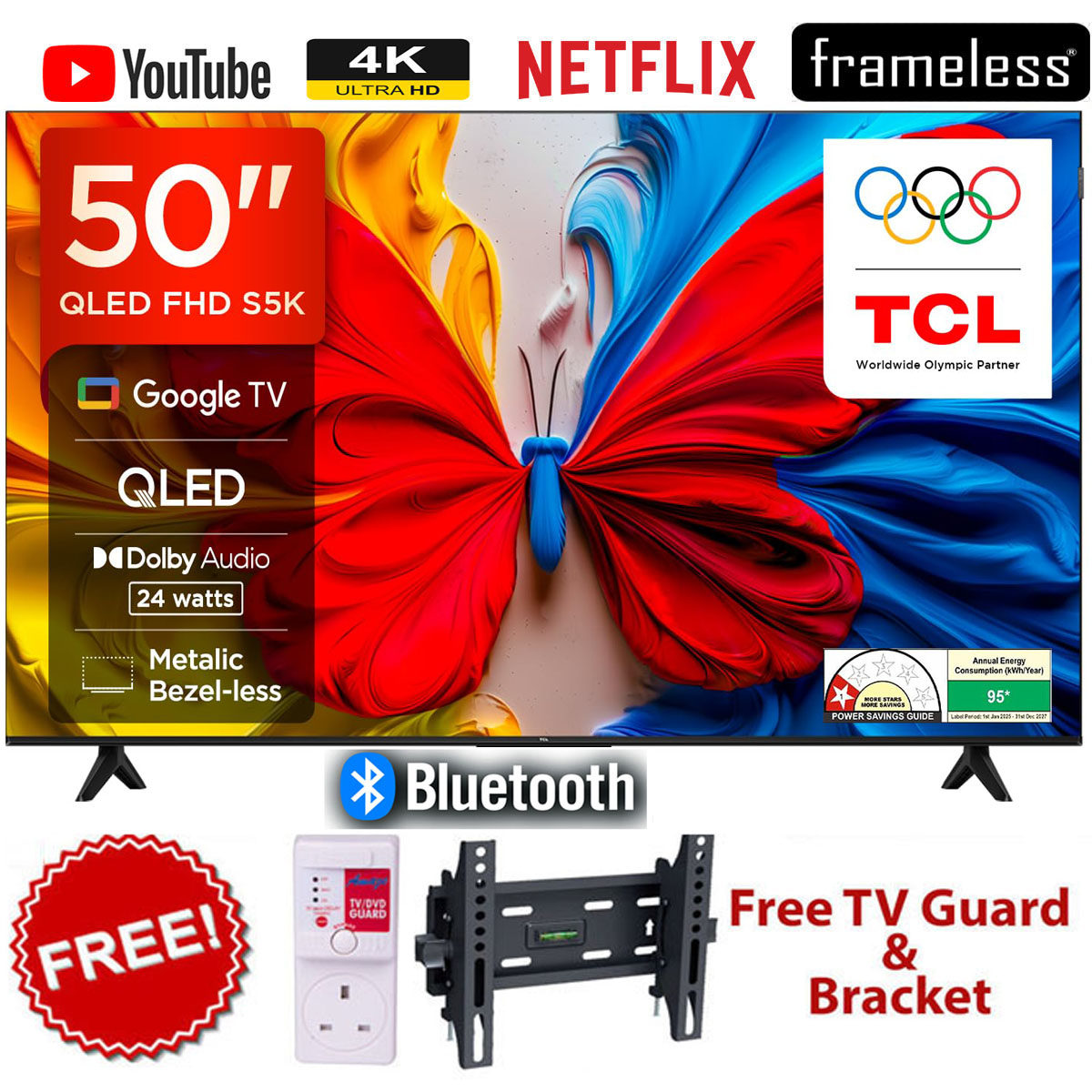TCL 50S5K 50 Inch Smart QLED Google Television, 2K Full HD, Android TV OS, WiFi, Bluetooth, HDMI, USB, HDR10, Netflix, YouTube, Dolby Audio+FREE TILT BRACKET+TV GUARD+1YR Warranty