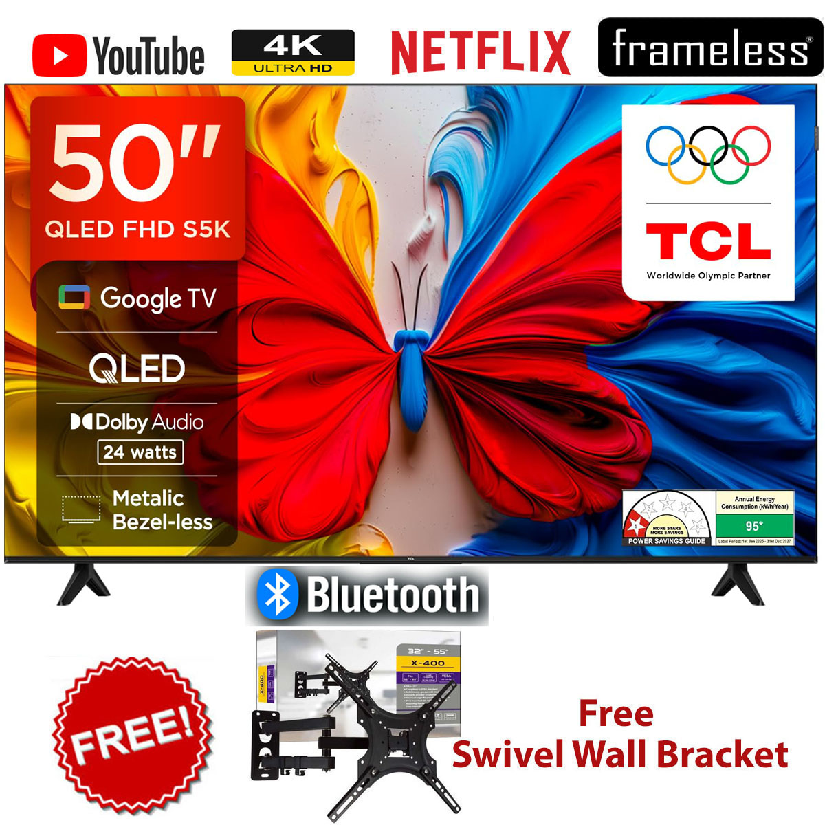 TCL 50S5K 50 Inch QLED Google TV, Smart 2K Full HD Android Television, WiFi, Bluetooth, HDMI, USB, HDR10, Netflix, YouTube, Dolby Audio, ICAST Screen Mirroring+FREE 360 BRACKET+1 Year Warranty