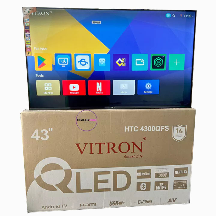 [ TODAY OFFER ] VITRON HTC4300QFS 43" INCH FRAMELESS-BLUETOOTH-ENABLED  QLED FHD,1080P,SMART TV ANDROID 11 TV NETFLIX ,YOUTUBE TELEVISION INBUILT DECODER,BUILT-IN WIFI+8 FREE GIFTS+14 MONTHS WARRANTY