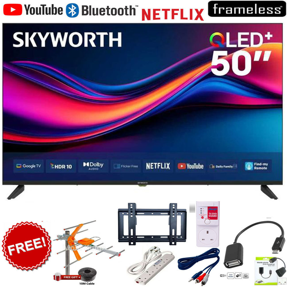 Skyworth 50Q6000H 50 Inch Smart Google TV 2K QLED Television with HDR Technology, Built-In WiFi, Bluetooth, Netflix, YouTube, Voice Control, Google Apps+6 FREE ACCESSORIES
