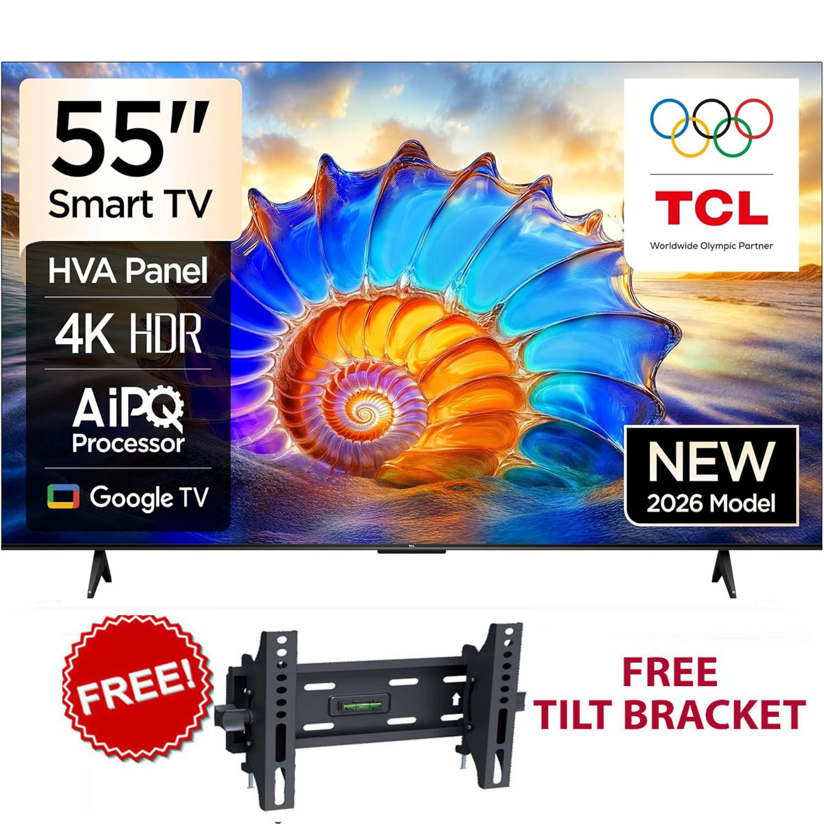 TCL  55" Inch,FRAMELESS/BLUETOOTH-ENABLED/Smart UHD 4K With HDR Google TV+FREE TILT BRACKET