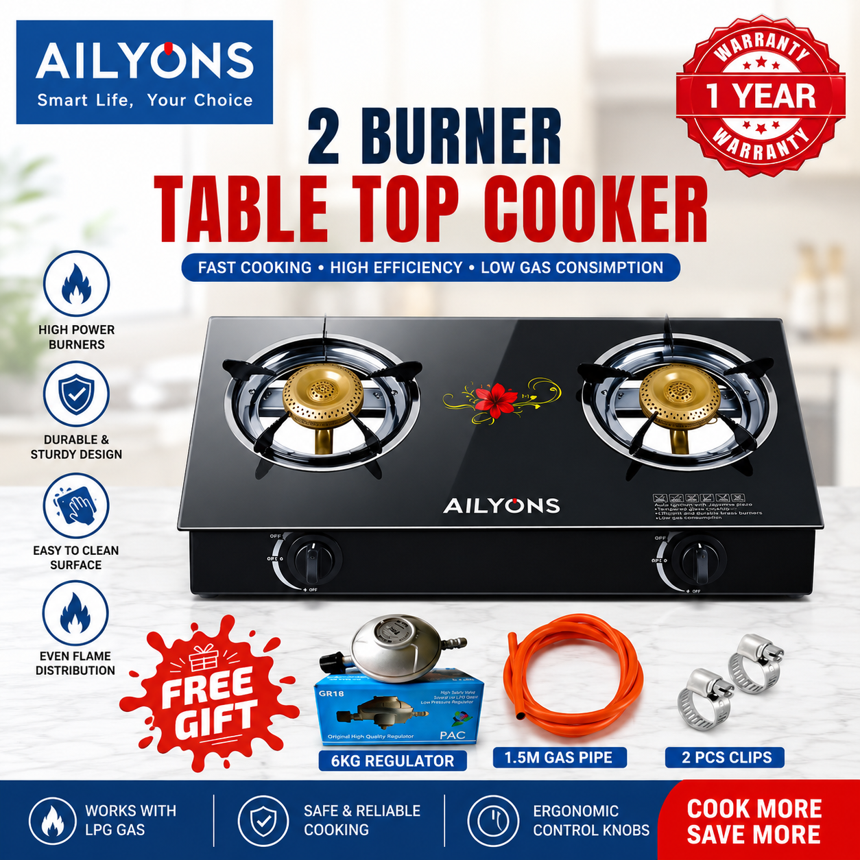 [ SPECIAL OFFER!! ] AILYONS GS014, 2 Burner -STRONG Glass Top Gas Cooker +FREE GAS Pipe +6KG Regulator(1YR WARRANTY)