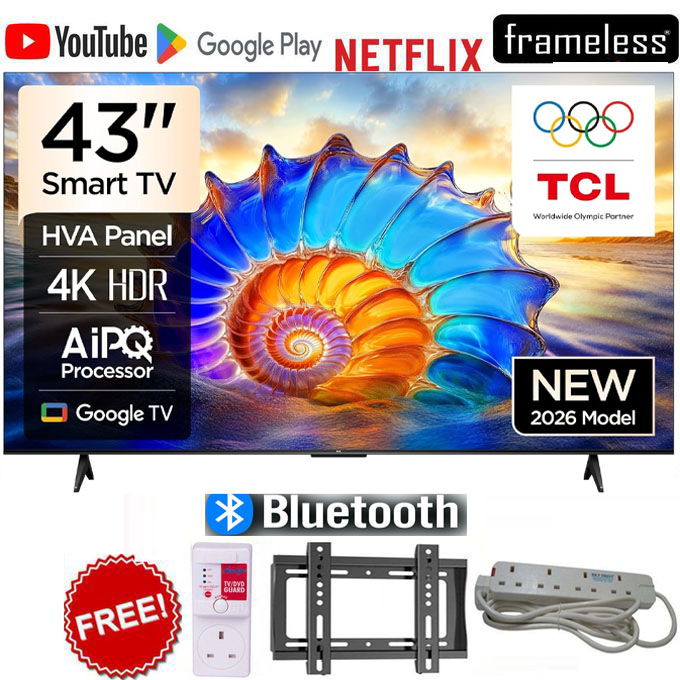 TCL 43 Inch Smart Android Google AI TV 43V6D,4K Ultra HD Direct LED Television, HDR10, Inbuilt WiFi, Bluetooth, Netflix, YouTube, Dolby Audio, App Store +Free Gifts