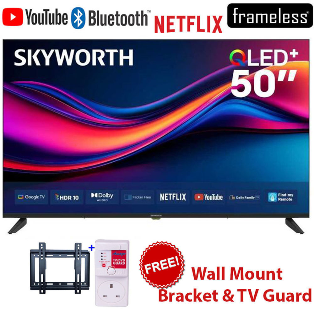 Skyworth 50 Inch QLED TV 50Q6000H 2K Smart Google Television with HDR Technology, Voice Assistant, Built-In WiFi, Bluetooth, Netflix & YouTube Streaming+FREE WALL BRACKET+TV GUARD