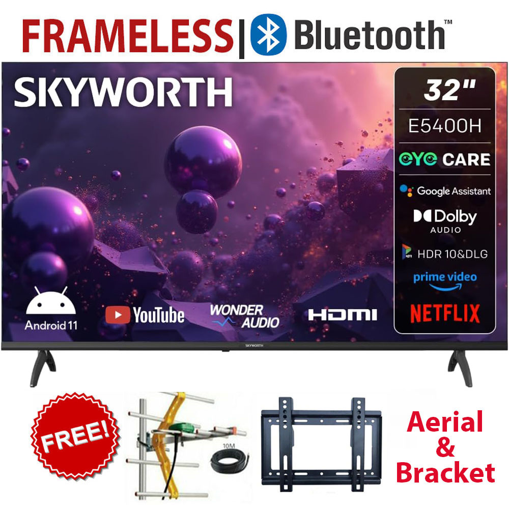 Skyworth 32E3500G 32" Inch Google TV  Full HD Smart Television with Built-In WiFi, Bluetooth, Netflix, YouTube & Voice Assistant+FREE WALL BRACKET+TV AERIAL (1 YEAR WARRANTY)