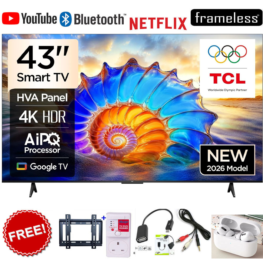 TCL 43" Inch Smart Android Google AI TV 43V6D, 4K Ultra HD Direct LED Television with HDR10, Built-In WiFi, Bluetooth, Netflix, YouTube, Google Play Store, Dolby Audio, Voice Assistant+FREE GIFTS