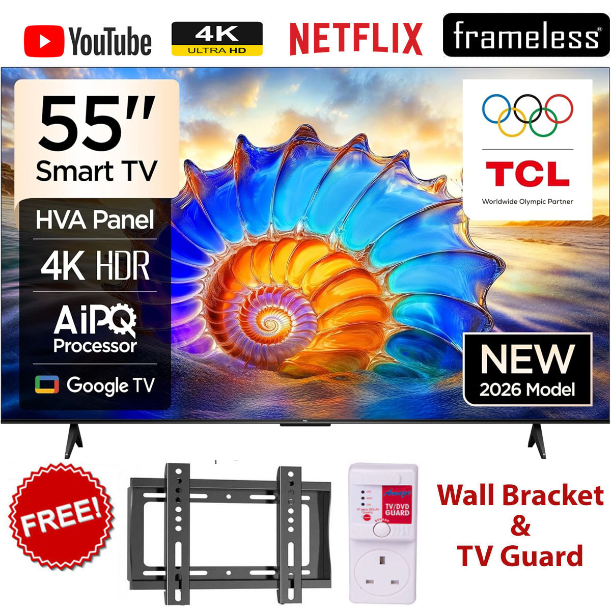 TCL 55V6D 2026 Model 55" Inch 4K UHD Smart Google TV  LED Display, Dolby Audio, WiFi, Bluetooth, Netflix, YouTube, Voice Control,1 Year Warranty