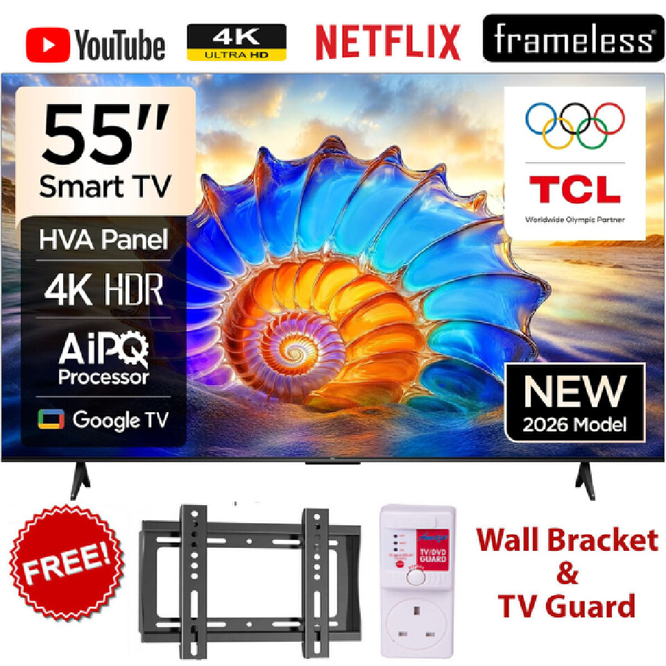 TCL 55V6D 2026 Model 55" Inch 4K UHD Smart Google TV  LED Display, Dolby Audio, WiFi, Bluetooth, Netflix, YouTube, Voice Control,1 Year Warranty