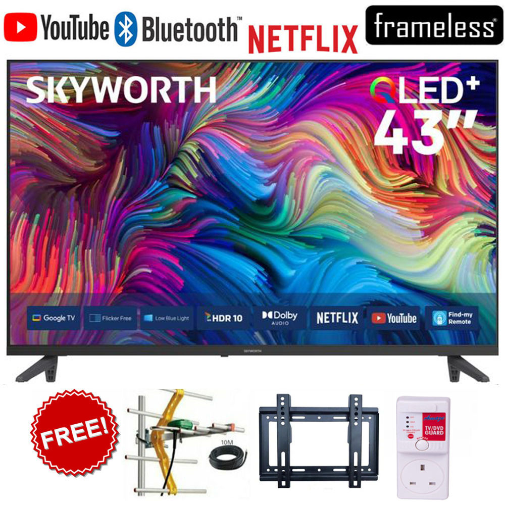 Skyworth 43Q5600H 43" Smart Google TV , 2K QLED Television with HDR Technology, Built-In WiFi, Bluetooth, Netflix, YouTube, Voice Control, Google Apps, Home Entertainment TV+3 FREE GIFTS+ 1YR Warranty