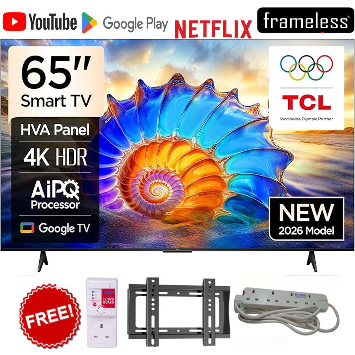 TCL 65" inches Metallic Bezel Less Series 4K Ultra HD Smart LED Google TV,Dolby Vision- 65V6D WITH VOICE CONTROL+FREE WALL BRACKET+POWER GUARD+EXTENSION