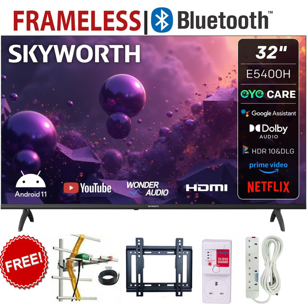 Skyworth 32" Inch Google TV  Full HD Smart Television with Built-In WiFi, Bluetooth, Voice Assistant, Netflix, YouTube & Google Play Store+FREE WALL BRACKET+TV AERIAL+GUARD+EXTENSION (1 YEAR WARRANTY)