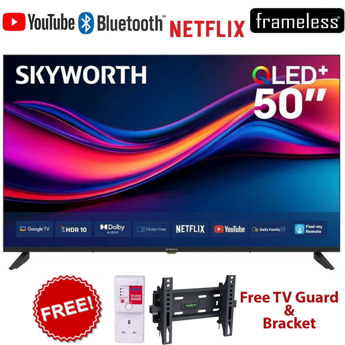 Skyworth 50 Inch Google TV 2K QLED Smart Television with HDR Display, Built-In WiFi, Bluetooth, Voice Assistant, Netflix, YouTube & Google Apps+FREE GIFTS