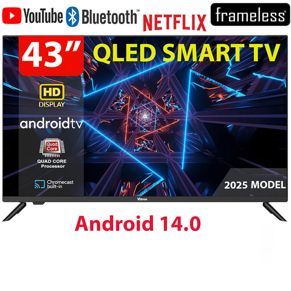 [ TODAY OFFER ] VITRON HTC4300QFS 43" INCH FRAMELESS-BLUETOOTH-ENABLED  QLED FHD,1080P,SMART TV ANDROID 11 TV NETFLIX ,YOUTUBE TELEVISION INBUILT DECODER,BUILT-IN WIFI+8 FREE GIFTS+14 MONTHS WARRANTY