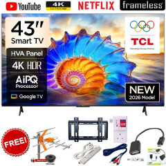 TCL 43V6D 43" Inch 4K UHD Smart Google AI TV Direct LED Android Television with HDR10 Display, Built-In WiFi, Bluetooth, Netflix, YouTube, Dolby Audio+FREE 6 ACCESSORIES