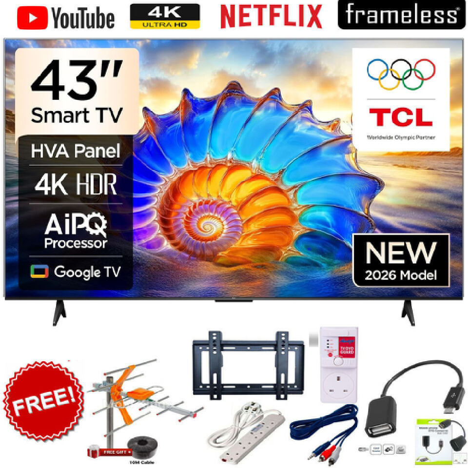 TCL 43V6D 43" Inch 4K UHD Smart Google AI TV Direct LED Android Television with HDR10 Display, Built-In WiFi, Bluetooth, Netflix, YouTube, Dolby Audio+FREE 6 ACCESSORIES