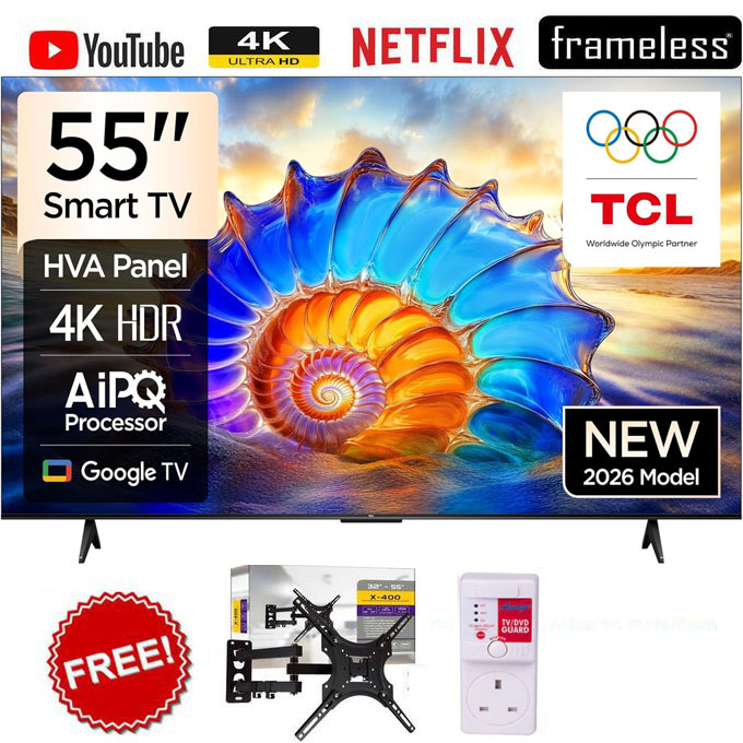 TCL 55 Inch 4K UHD Smart Television – TCL 55V6D Google TV, LED Display, Dolby Audio, WiFi, Netflix, YouTube & Voice Control+FREE 360 BRACKET+TV GUARD