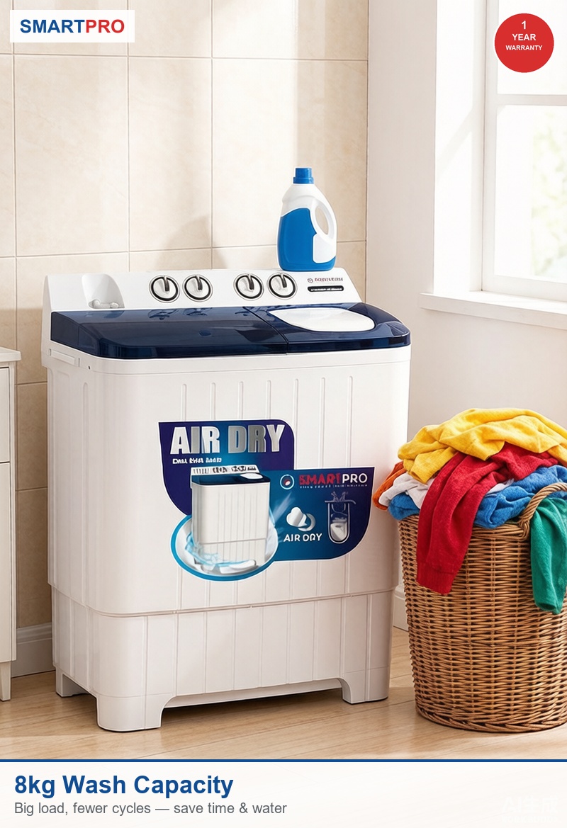 Smart Pro 8KG Twin Tub Washing Machine, Durable Top Load Design, Fast Wash & Spin (1YR Warranty)