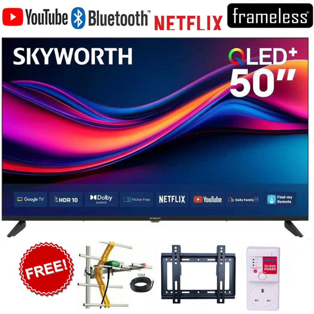 Skyworth 50Q6000H 50" Inch Smart Google TV – 2K QLED Television with HDR Technology, Built-In WiFi, Bluetooth, Netflix, YouTube, Voice Control, Google Apps+FREE AERIAL+BRACKET+TV GUARD