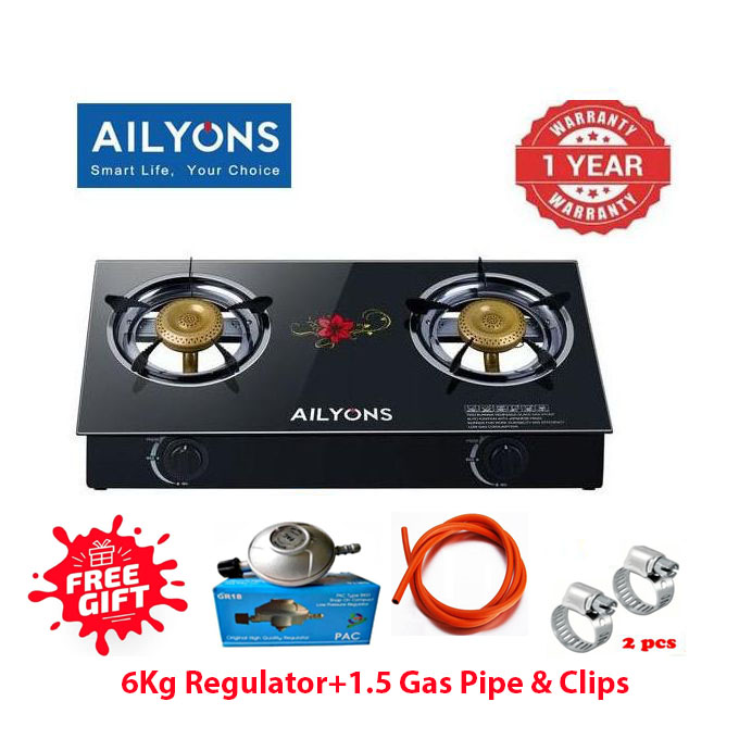 [ SPECIAL OFFER!! ] AILYONS GS014, 2 Burner -STRONG Glass Top Gas Cooker +FREE GAS Pipe +6KG Regulator(1YR WARRANTY)