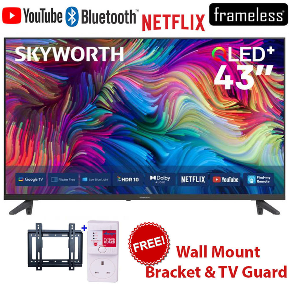 Skyworth 43Q5600H Google TV 43 Inch – QLED 2K Smart Television with HDR Technology, Built-In WiFi, Bluetooth, Netflix, YouTube, Voice Assistant+FREE WALL BRACKET+TV GUARD