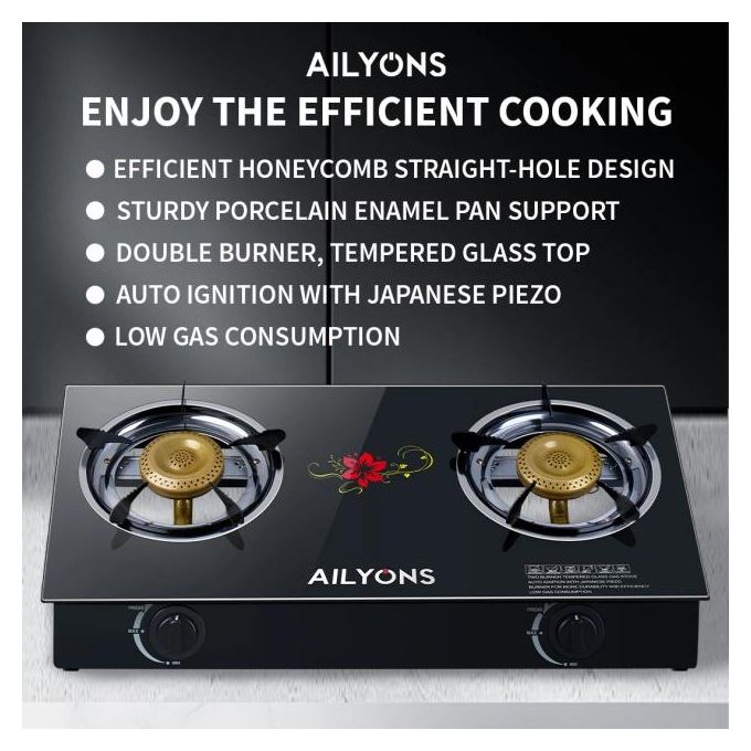 [ SPECIAL OFFER!! ] AILYONS GS014, 2 Burner -STRONG Glass Top Gas Cooker +FREE GAS Pipe +6KG Regulator(1YR WARRANTY)