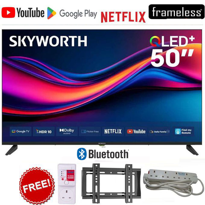 Skyworth 50Q6000H 50" Inch QLED Television ,Smart Google TV with HDR Display, Built-In WiFi, Bluetooth, Voice Control, Netflix & YouTube+FREE BRACKET+TV GUARD+EXTENSION