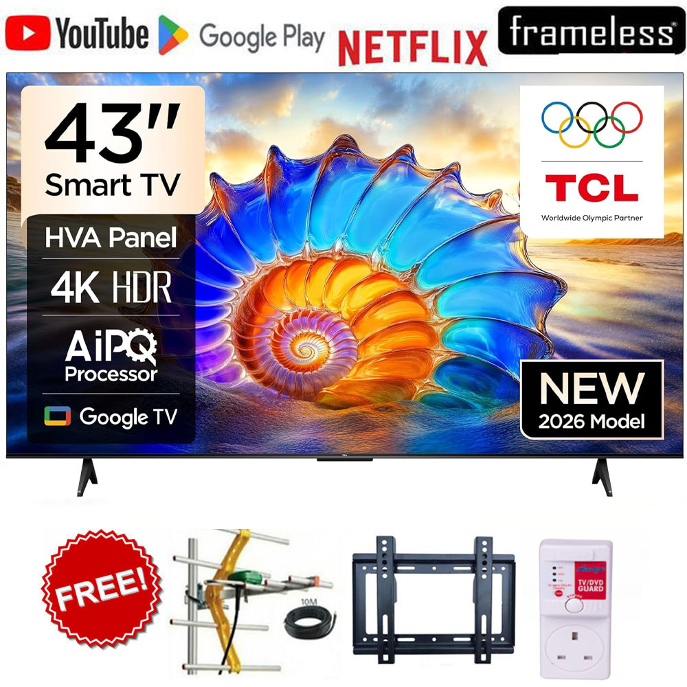 TCL 43 Inch 4K Smart Google AI TV ,43V6D 2026 Direct LED Television with HDR10, Built-In WiFi, Bluetooth, Netflix, YouTube, Google App Store+FREE BRACKET+TV GUARD+AERIAL
