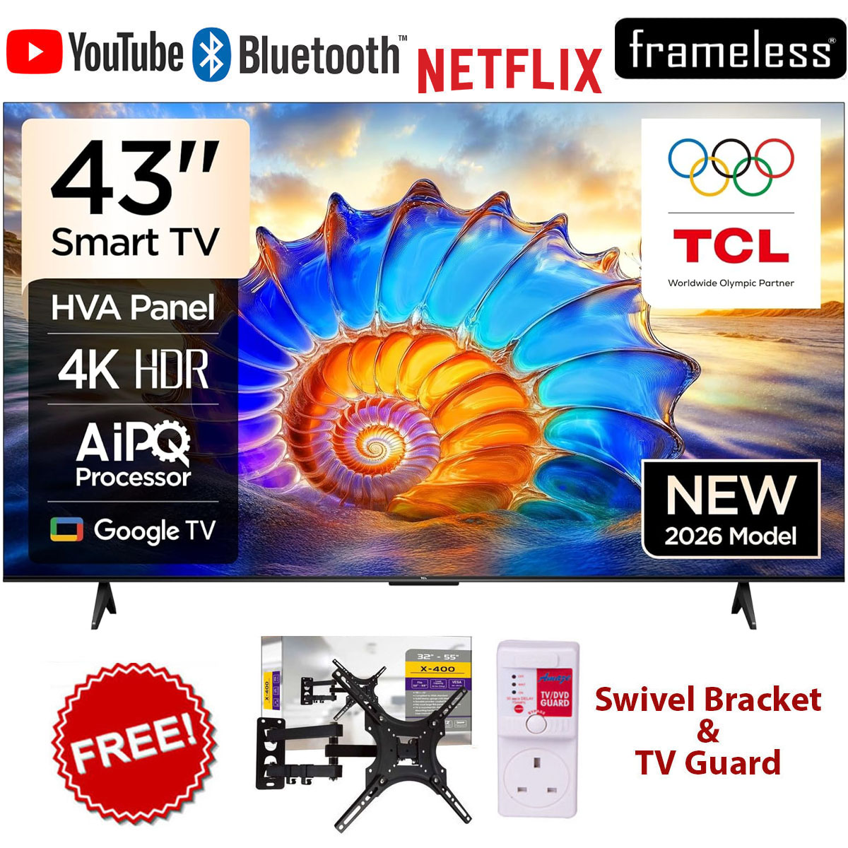 TCL 43" Inch Smart Google AI TV 43V6D,4K UHD Direct LED Android Television with HDR10, Built-In WiFi, Bluetooth, Netflix, YouTube, Dolby Audio,Voice Assistant, Google Play Store+Free Gifts