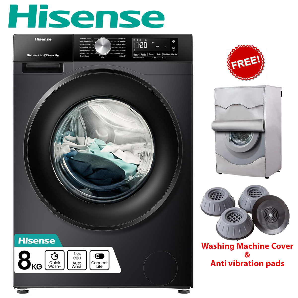 Hisense 8kg Fully-Automatic Front Load Washing Machine - WFPV8012EMT Grey + 2 Years Warranty