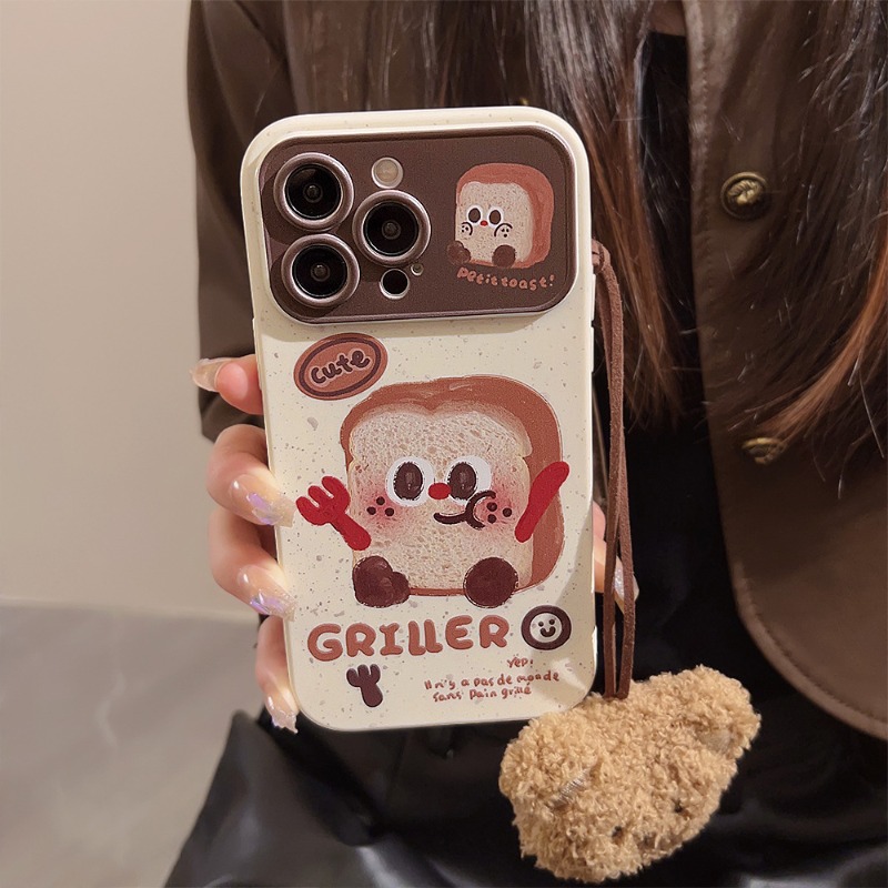 Toast Bear Phone Case Mobile Accessories With Plush Strap Cute Fuzzy Bear Charm Anti-Fall Cover For iPhone 15 16 17 Huawei P60 Mate 50