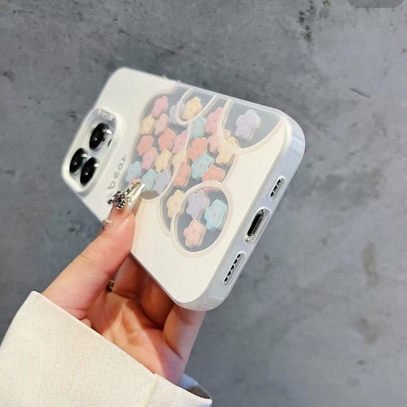 Cute Bear Phone Case with Colorful Flowers Soft TPU Shockproof Cover Kawaii Hi Bear Transparent Case for iPhone 16 Pro Max 15 14 13 12