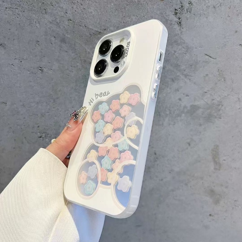Cute Bear Phone Case with Colorful Flowers Soft TPU Shockproof Cover Kawaii Hi Bear Transparent Case for iPhone 16 Pro Max 15 14 13 12