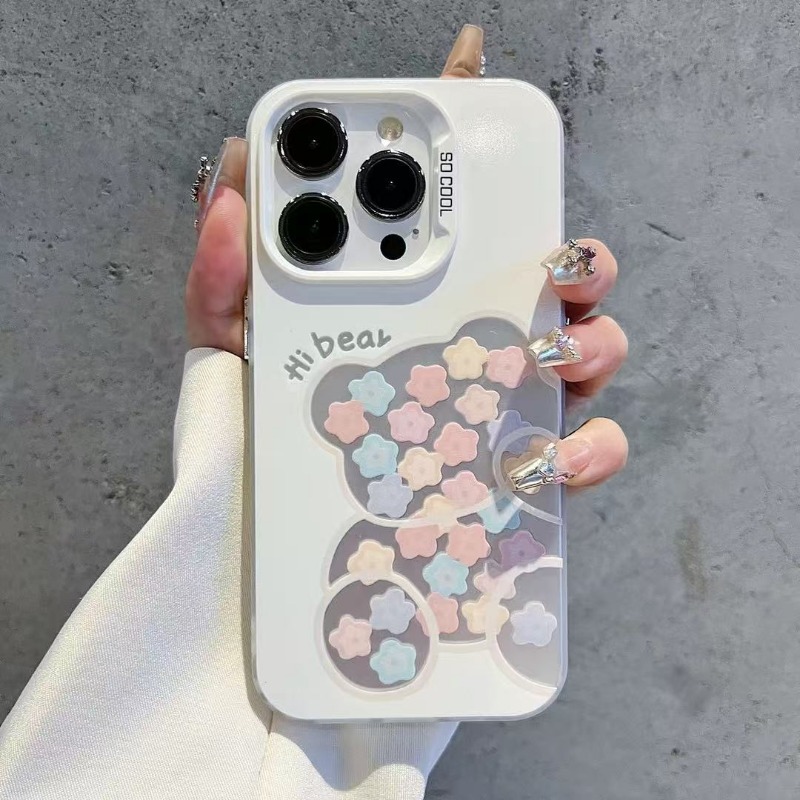 Cute Bear Phone Case with Colorful Flowers Soft TPU Shockproof Cover Kawaii Hi Bear Transparent Case for iPhone 16 Pro Max 15 14 13 12