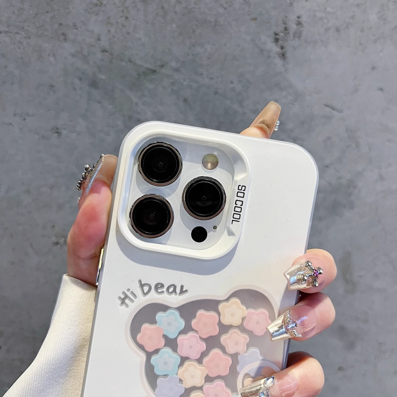 Cute Bear Phone Case with Colorful Flowers Soft TPU Shockproof Cover Kawaii Hi Bear Transparent Case for iPhone 16 Pro Max 15 14 13 12