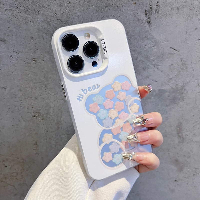 Cute Bear Phone Case with Colorful Flowers Soft TPU Shockproof Cover Kawaii Hi Bear Transparent Case for iPhone 16 Pro Max 15 14 13 12