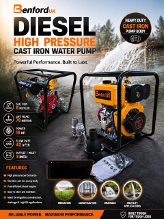 Benford UK 16HP Diesel High Pressure Water Pump – 3 Inch Cast Iron Pump