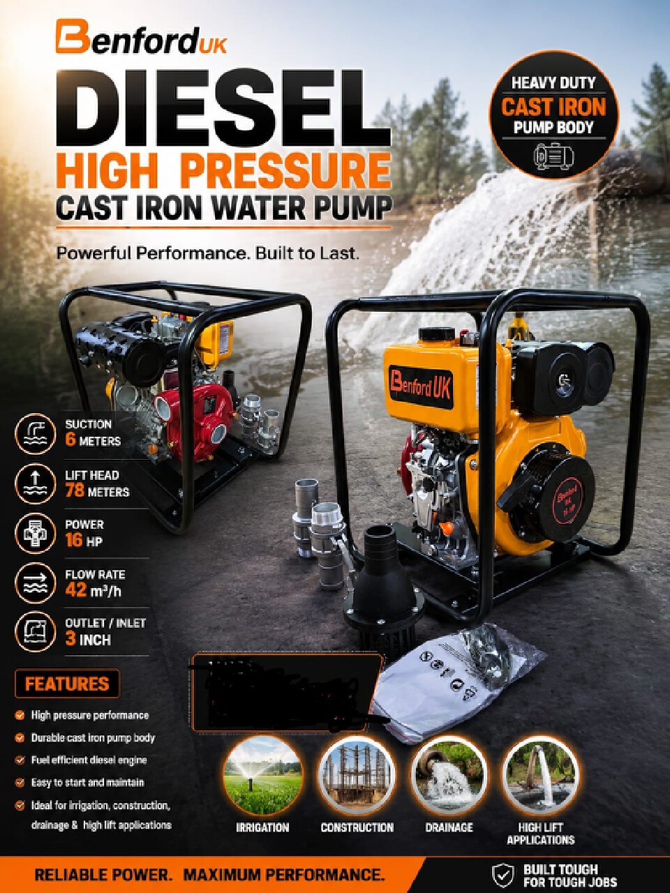 Benford UK 16HP Diesel High Pressure Water Pump – 3 Inch Cast Iron Pump