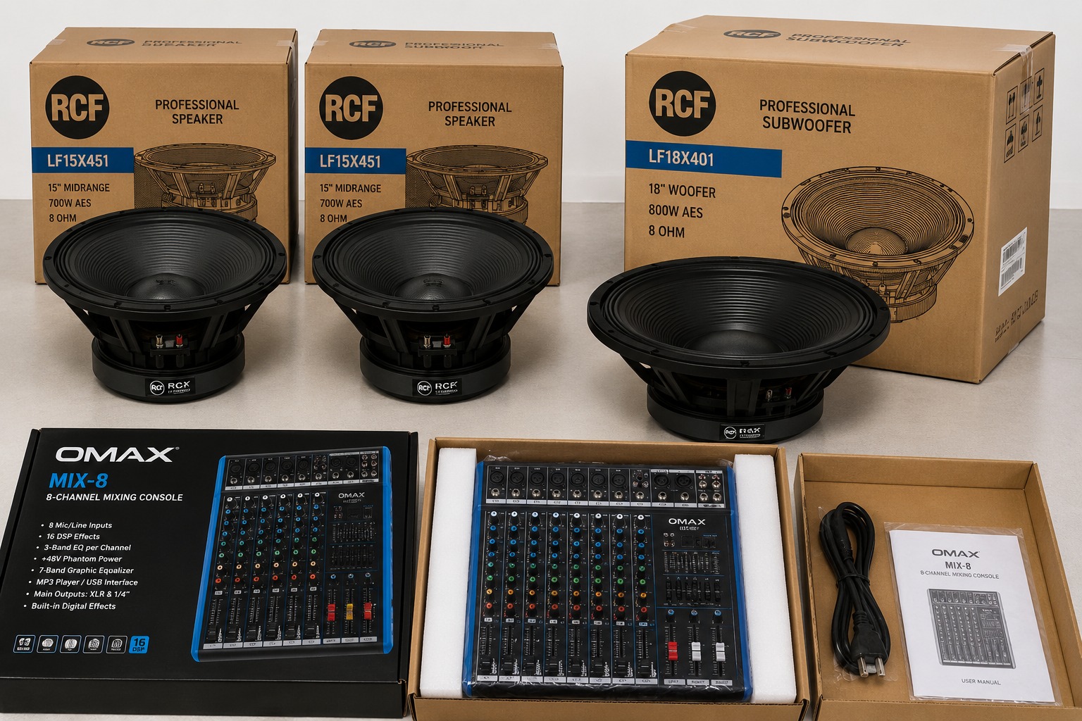 RCF Audio Package – 2PCS 15” Midrange Speakers, 2PCS 18” Bass Speakers & 8-Channel OMAX Mixer PA System