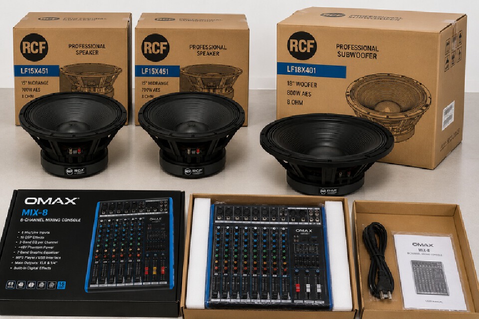 RCF Audio Package – 2PCS 15” Midrange Speakers, 2PCS 18” Bass Speakers & 8-Channel OMAX Mixer PA System
