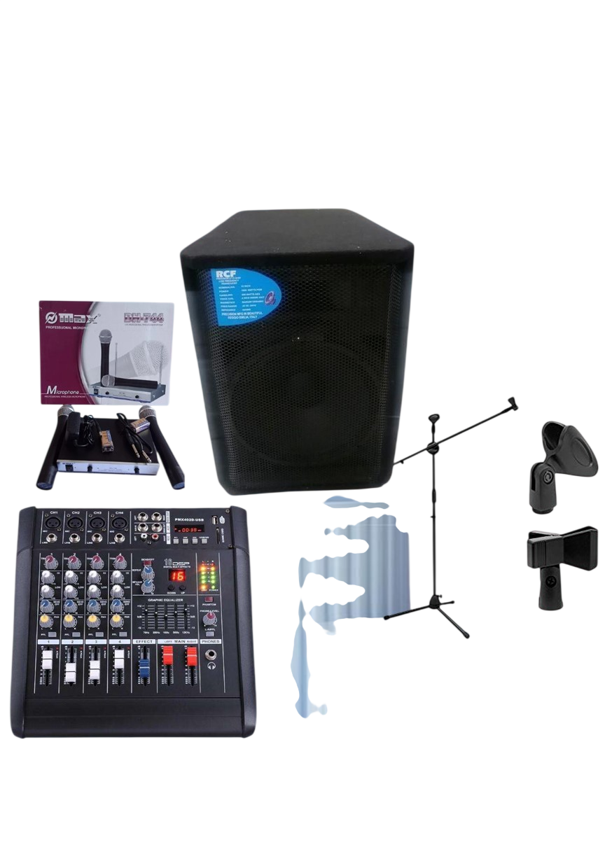 Professional Public Address Kit – RCF 12-Inch Speaker, 4-Channel Mixer, OMAX Microphone, Speaker Stand & Microphone Stand Complete PA System