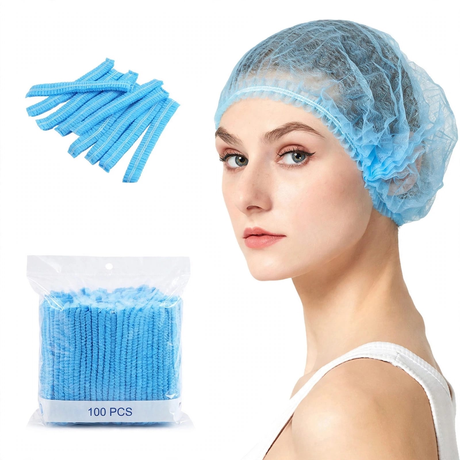 Disposable Blue Bouffant Caps 100pcs – Hair Covers for Hygiene, Food Service, Beauty & Medical Use