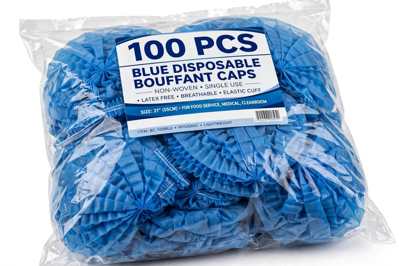 Disposable Blue Bouffant Caps 100pcs – Hair Covers for Hygiene, Food Service, Beauty & Medical Use