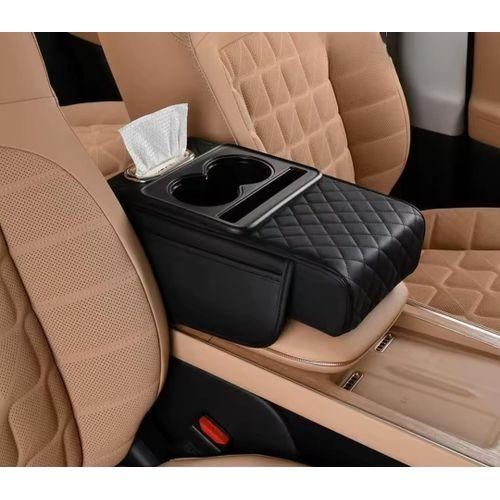 Multifunctional PU Leather Car Armrest Box Mat, 5 in 1 Armrest Cushion Center Console Cover with 2 Storage Bags Cup Holder, Tissue Box Slot, Phone Slot for Most Cars
